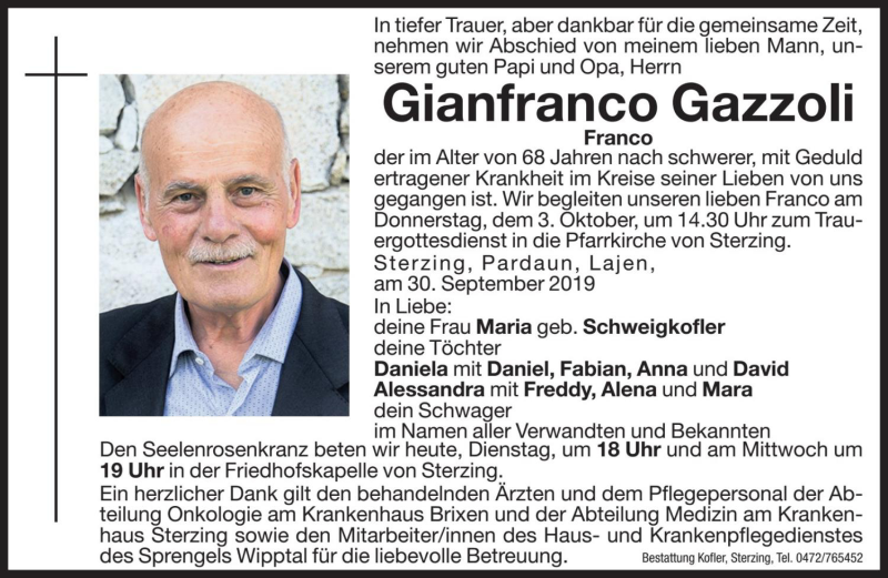  Traueranzeige für Gianfranco Gazzoli vom 01.10.2019 aus Dolomiten