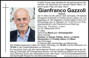 Traueranzeige von Gianfranco Gazzoli von Dolomiten