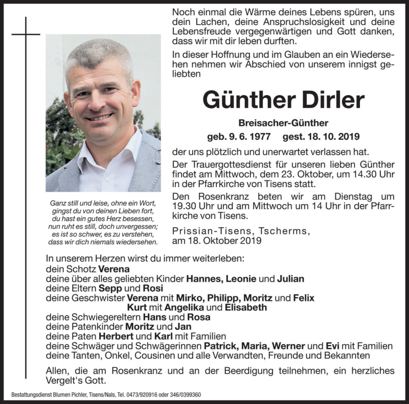  Traueranzeige für Günther Dirler vom 21.10.2019 aus Dolomiten