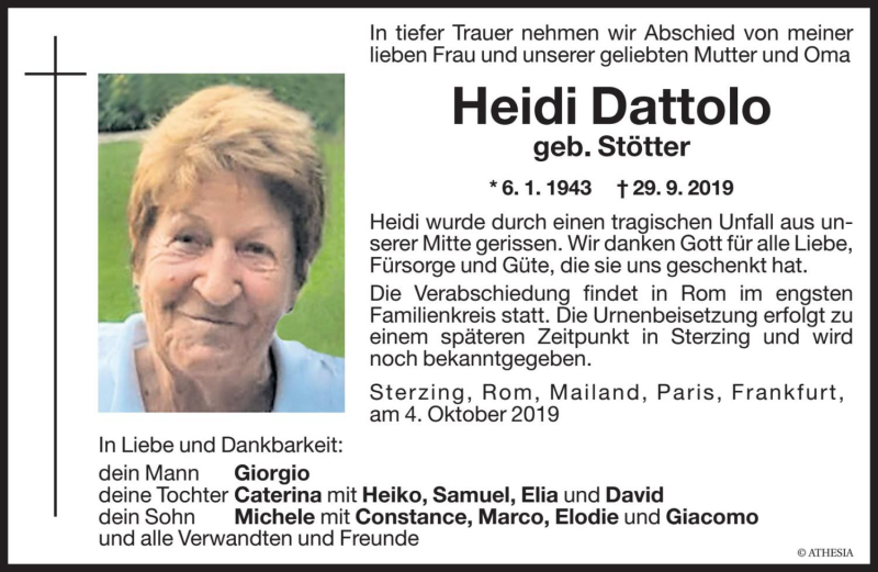  Traueranzeige für Heidi Dattolo vom 04.10.2019 aus Dolomiten