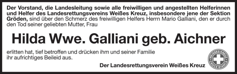  Traueranzeige für Hilda Galliani vom 12.10.2019 aus Dolomiten
