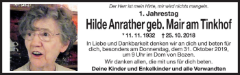 Traueranzeige von Hilde Anrather von Dolomiten