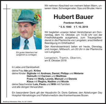 Traueranzeige von Hubert Bauer von Dolomiten