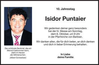 Traueranzeige von Isidor Puntaier von Dolomiten