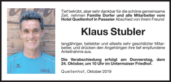 Traueranzeige von Klaus Stubler von Dolomiten