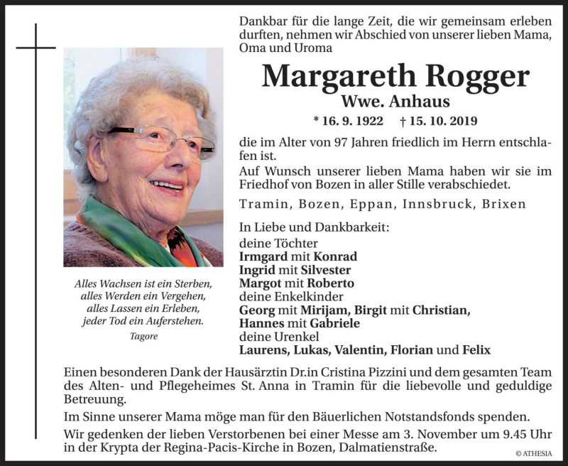  Traueranzeige für Margareth Anhaus vom 25.10.2019 aus Dolomiten