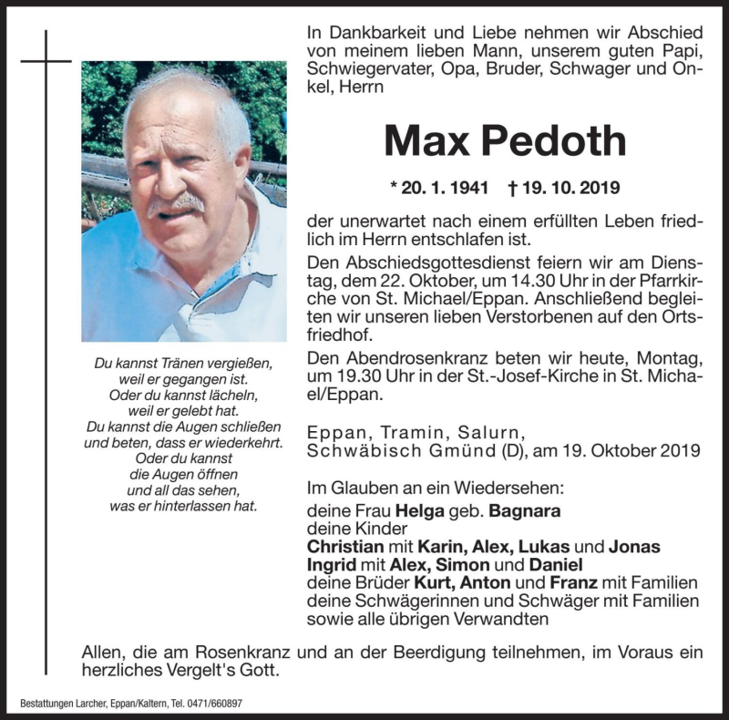  Traueranzeige für Max Pedoth vom 21.10.2019 aus Dolomiten