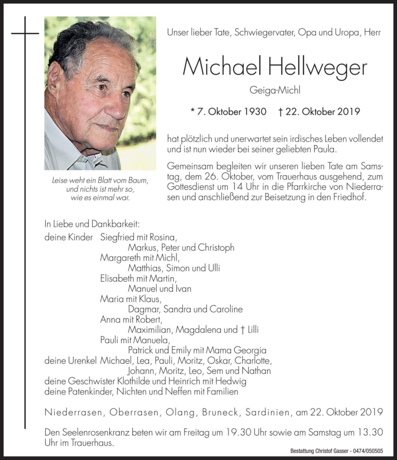  Traueranzeige für Michael Hellweger vom 25.10.2019 aus Dolomiten