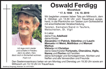 Traueranzeige von Oswald Ferdigg von Dolomiten