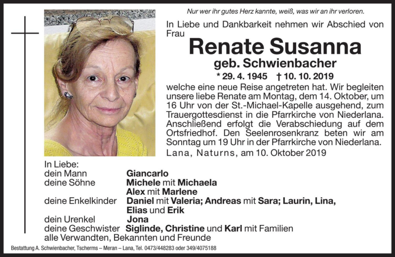  Traueranzeige für Renate  Susanna vom 12.10.2019 aus Dolomiten