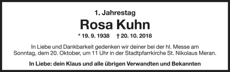  Traueranzeige für Rosa Kuhn vom 19.10.2019 aus Dolomiten