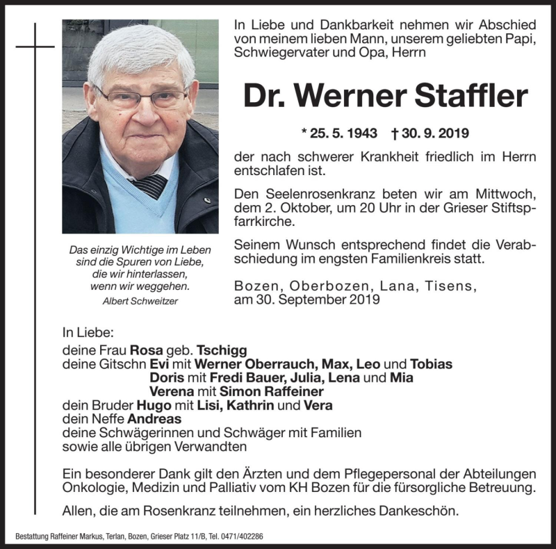  Traueranzeige für Werner Staffler vom 01.10.2019 aus Dolomiten