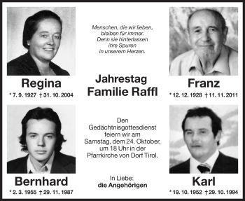 Traueranzeige von Karl Raffl von Dolomiten