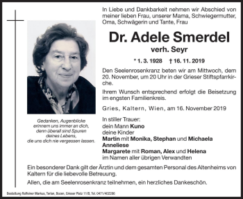 Traueranzeige von Adele Seyr von Dolomiten