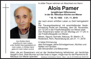 Traueranzeige von Alois Pamer von Dolomiten