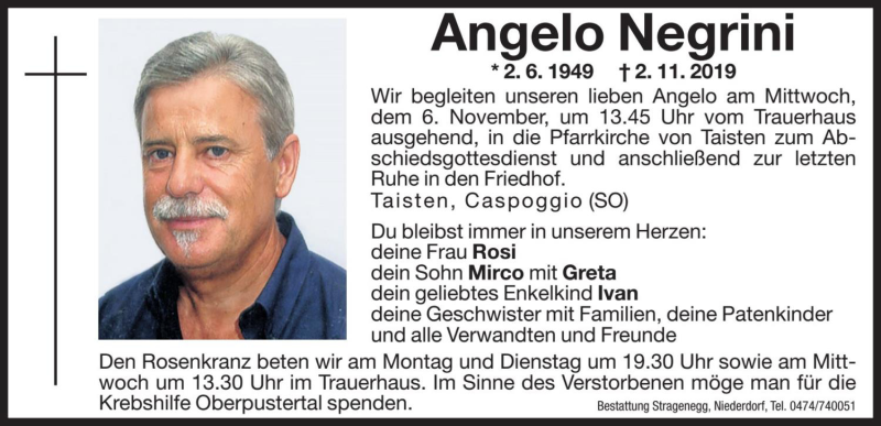  Traueranzeige für Angelo Negrini vom 04.11.2019 aus Dolomiten