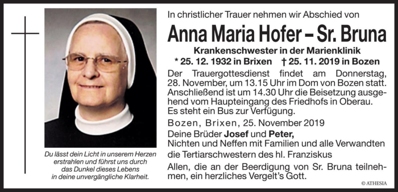  Traueranzeige für Anna Maria Hofer vom 27.11.2019 aus Dolomiten