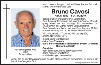 Traueranzeige von Bruno Cavosi von Dolomiten