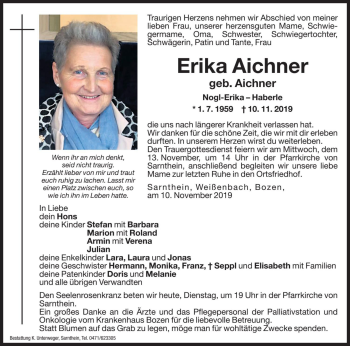 Traueranzeige von Erika Aichner von Dolomiten