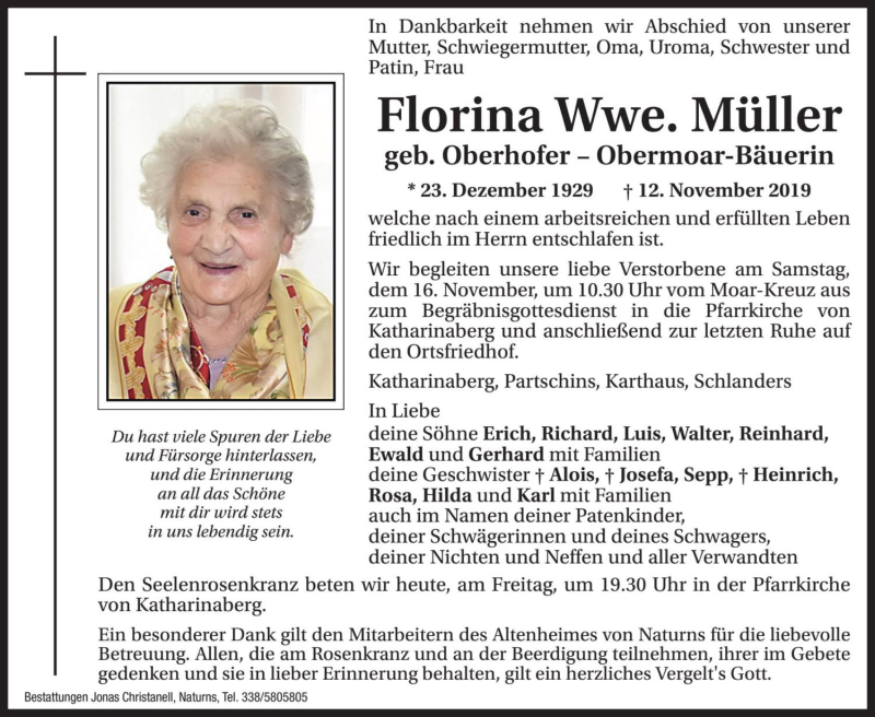  Traueranzeige für Florina Müller vom 15.11.2019 aus Dolomiten