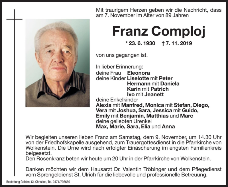  Traueranzeige für Franz Comploj vom 08.11.2019 aus Dolomiten