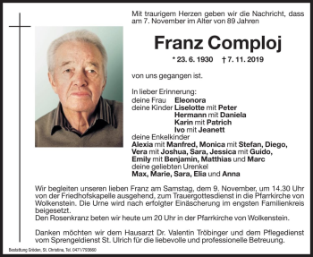 Traueranzeige von Franz Comploj von Dolomiten