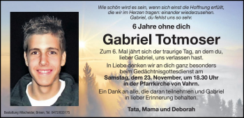 Traueranzeige von Gabriel Totmoser von Dolomiten