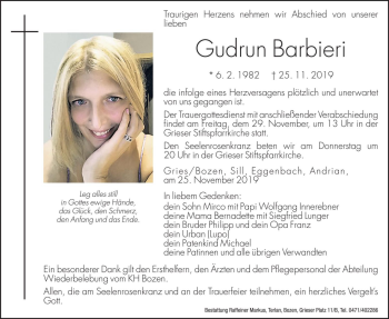 Traueranzeige von Gudrun Barbieri von Dolomiten