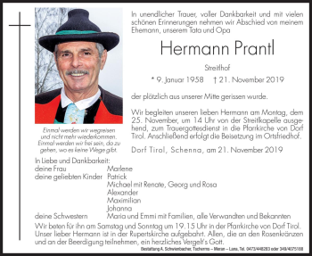 Traueranzeige von Hermann Prantl von Dolomiten