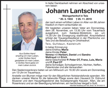 Traueranzeige von Johann Lantschner von Dolomiten