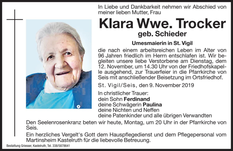  Traueranzeige für Klara Trocker vom 11.11.2019 aus Dolomiten