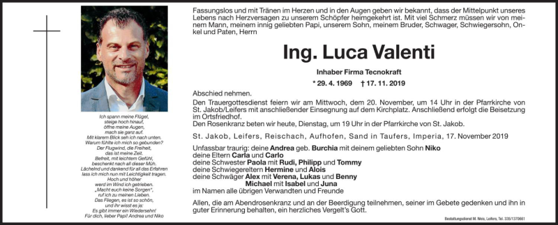  Traueranzeige für Luca Valenti vom 19.11.2019 aus Dolomiten