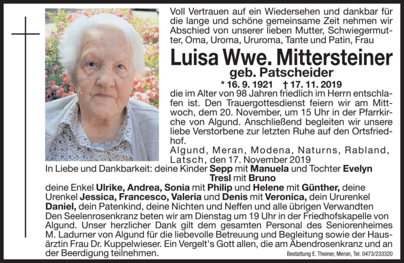  Traueranzeige für Luisa Mittersteiner vom 19.11.2019 aus Dolomiten