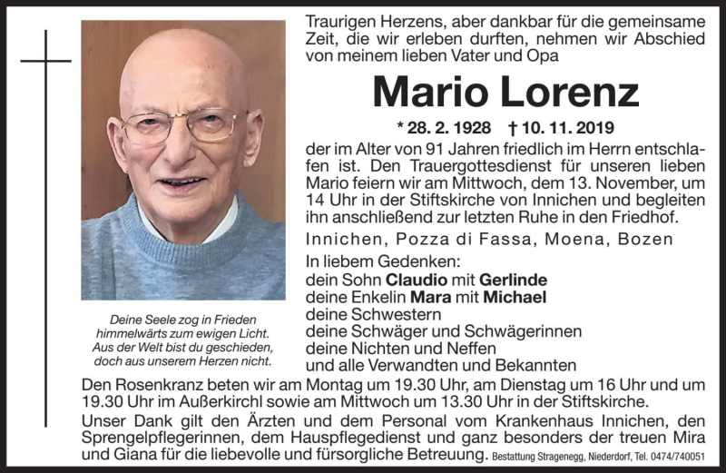  Traueranzeige für Mario Lorenz vom 11.11.2019 aus Dolomiten