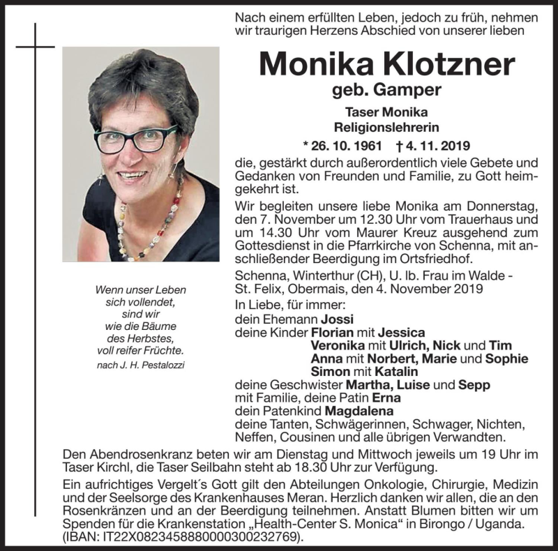  Traueranzeige für Monika Klotzner vom 05.11.2019 aus Dolomiten