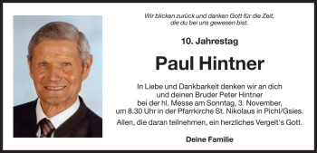 Traueranzeige von Paul Hintner von Dolomiten