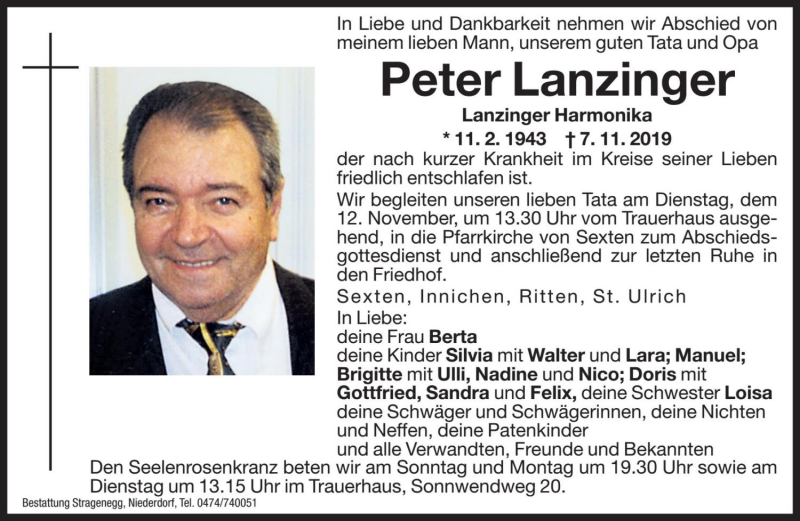  Traueranzeige für Peter Lanzinger vom 09.11.2019 aus Dolomiten