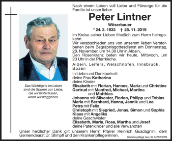 Traueranzeige von Peter Lintner von Dolomiten