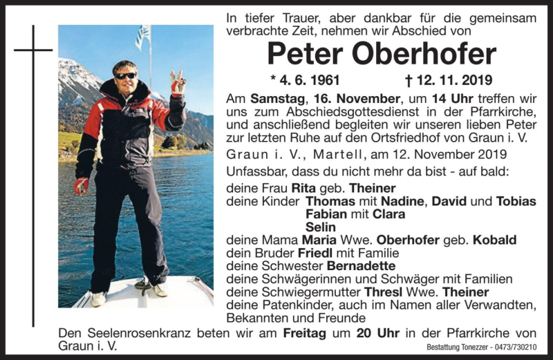  Traueranzeige für Peter Oberhofer vom 15.11.2019 aus Dolomiten