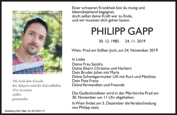 Traueranzeige von Philipp Gapp von Dolomiten