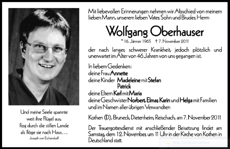  Traueranzeige für Wolfgang Oberhauser vom 11.11.2011 aus Dolomiten