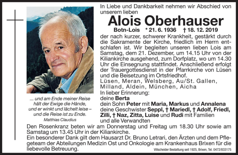 Traueranzeige für Alois Oberhauser vom 19.12.2019 aus Dolomiten