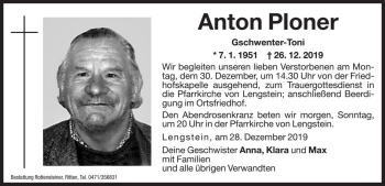 Traueranzeige von Anton Ploner von Dolomiten