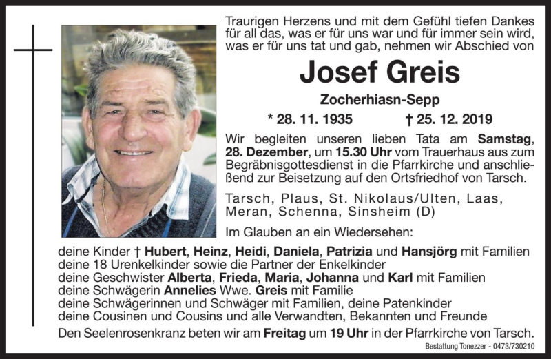  Traueranzeige für Josef Greis vom 27.12.2019 aus Dolomiten
