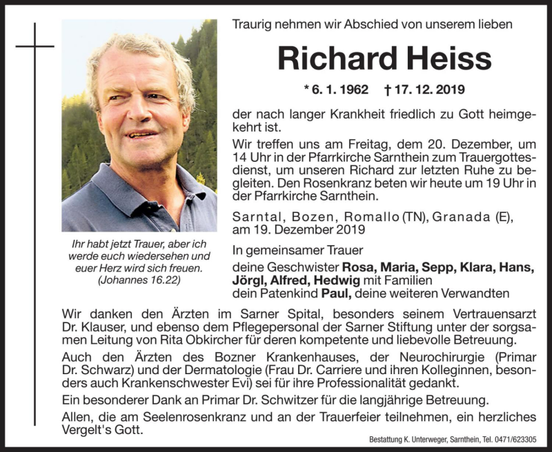  Traueranzeige für Richard Heiss vom 19.12.2019 aus Dolomiten