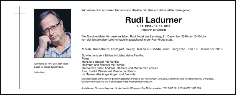  Traueranzeige für Rudi Ladurner vom 20.12.2019 aus Dolomiten