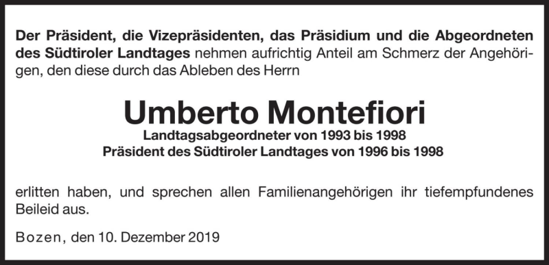  Traueranzeige für Umberto Montefiori vom 11.12.2019 aus Dolomiten