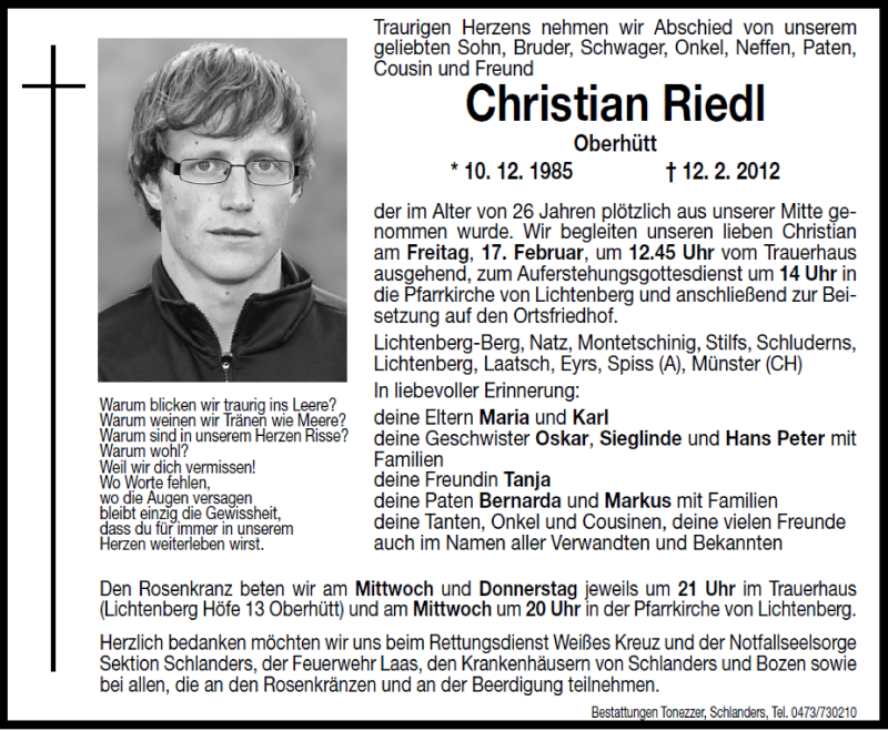  Traueranzeige für Christian Riedl vom 15.02.2012 aus Dolomiten