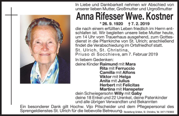 Traueranzeige von Anna Kostner von Dolomiten