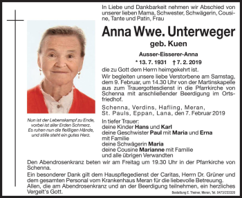 Traueranzeige von Anna Unterweger von Dolomiten